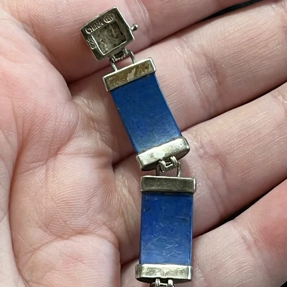 VTG Lapis Lazuli Stone Panel Sterling Silver 925 China Bracelet - Picture 8 of 9